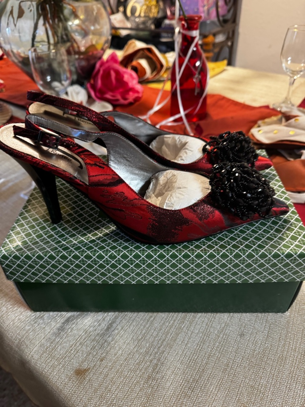 J.Renee Red Satin Pointed Slingback Heels with Black Beaded Floral Accent